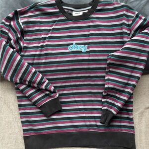 Obey Striped Crewneck Sweater in Black, Teal & Burgundy